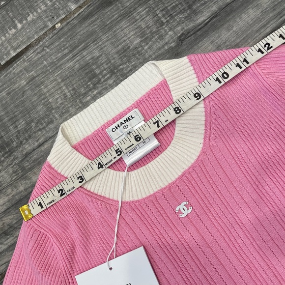 Chanel 23P Pink White CC Logo Ribbed Stretch Cotton Knit T-Shirt Top Shirt 36 - Picture 7 of 15